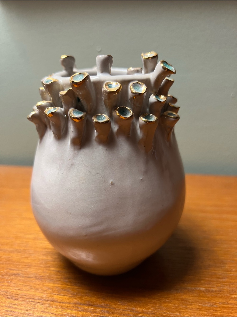 Anemone Bud Vase Small Barnacle Vase, Teal & Gold and white, 4.5 inch